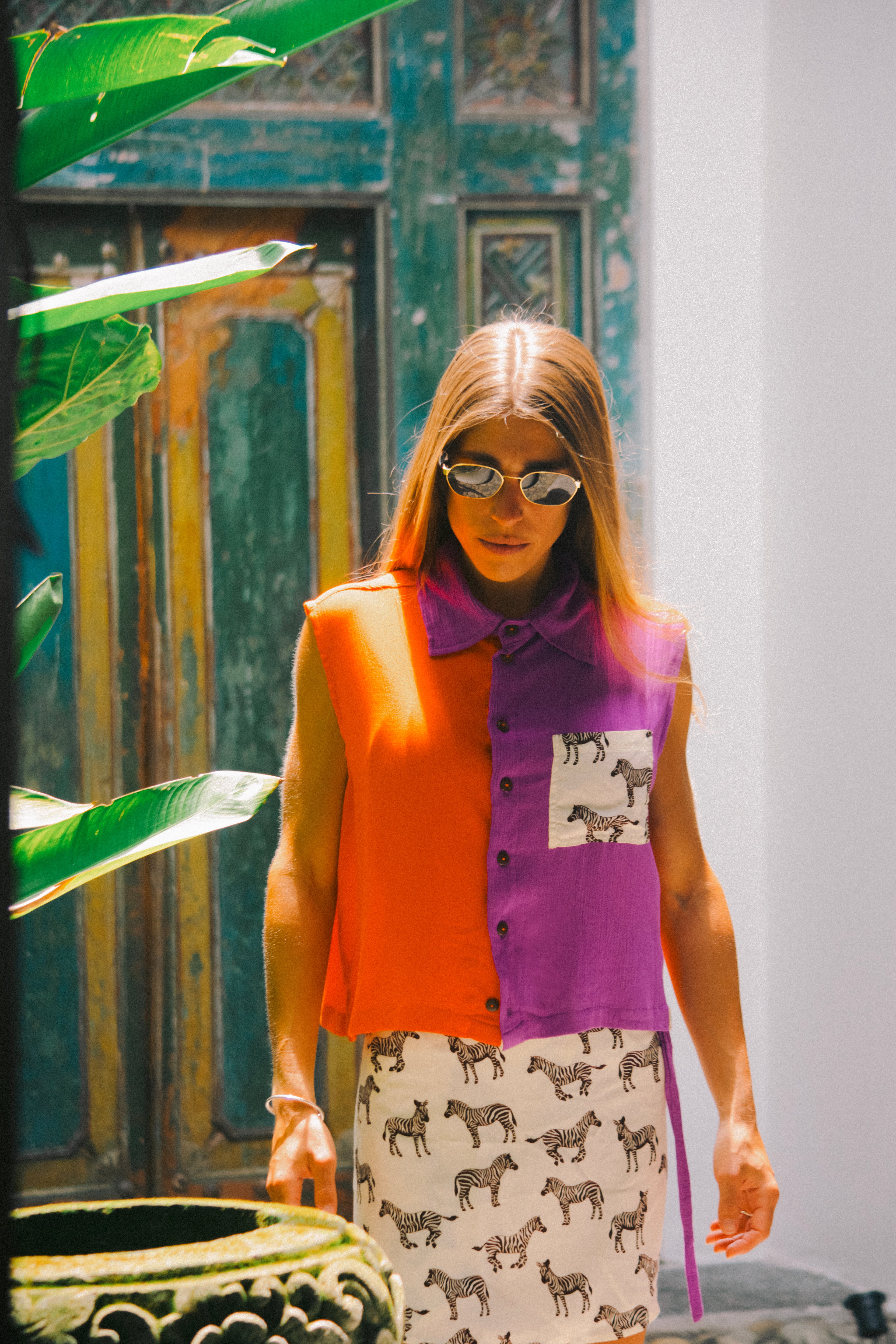 Camicia crop donna made in Bali viola & arancio